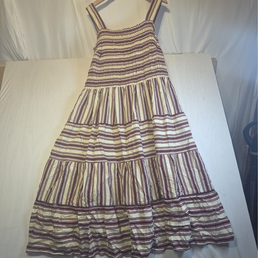 Terra & Sky 3X 24W-26W Tiered Midi Sundress Crimson Stripe Smocked NWT Pockets